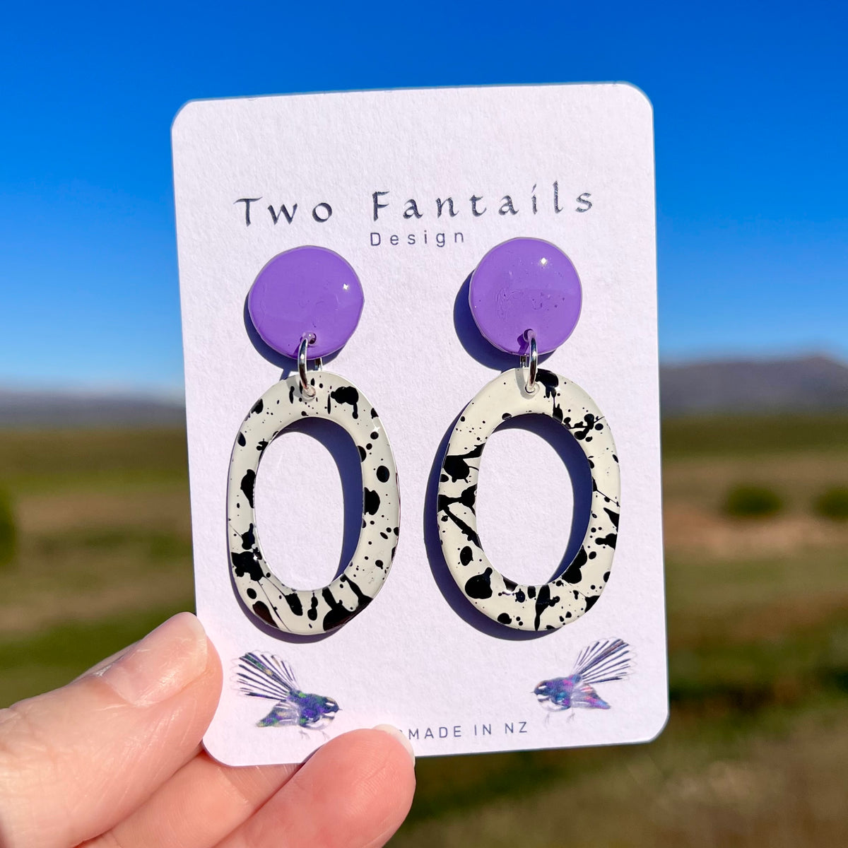 Lilac & a Little Chaos – Purple & Black Splatter Dangle Earrings