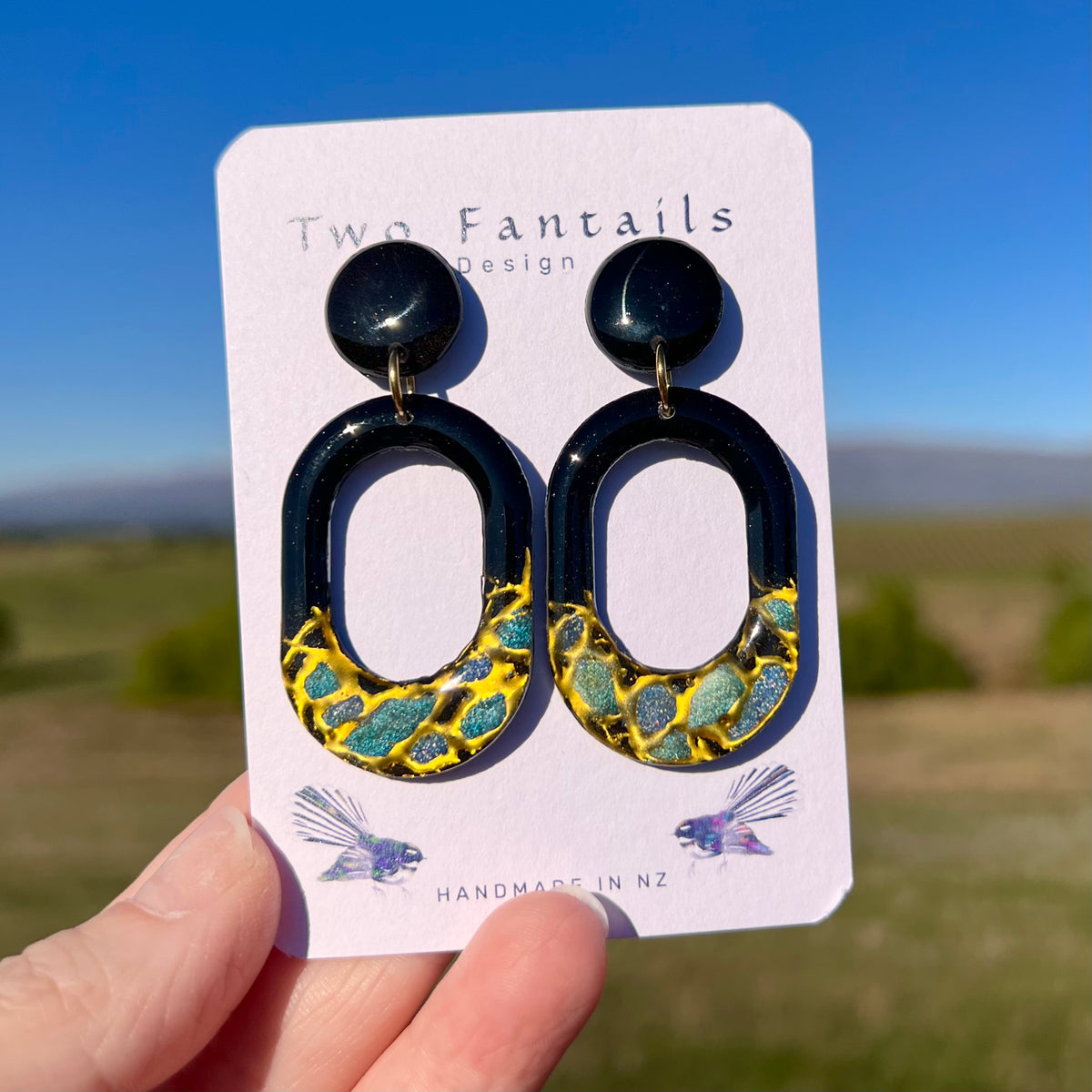 Midnight Alchemy – Hand-Painted Black, Gold & Teal Dangle Earrings