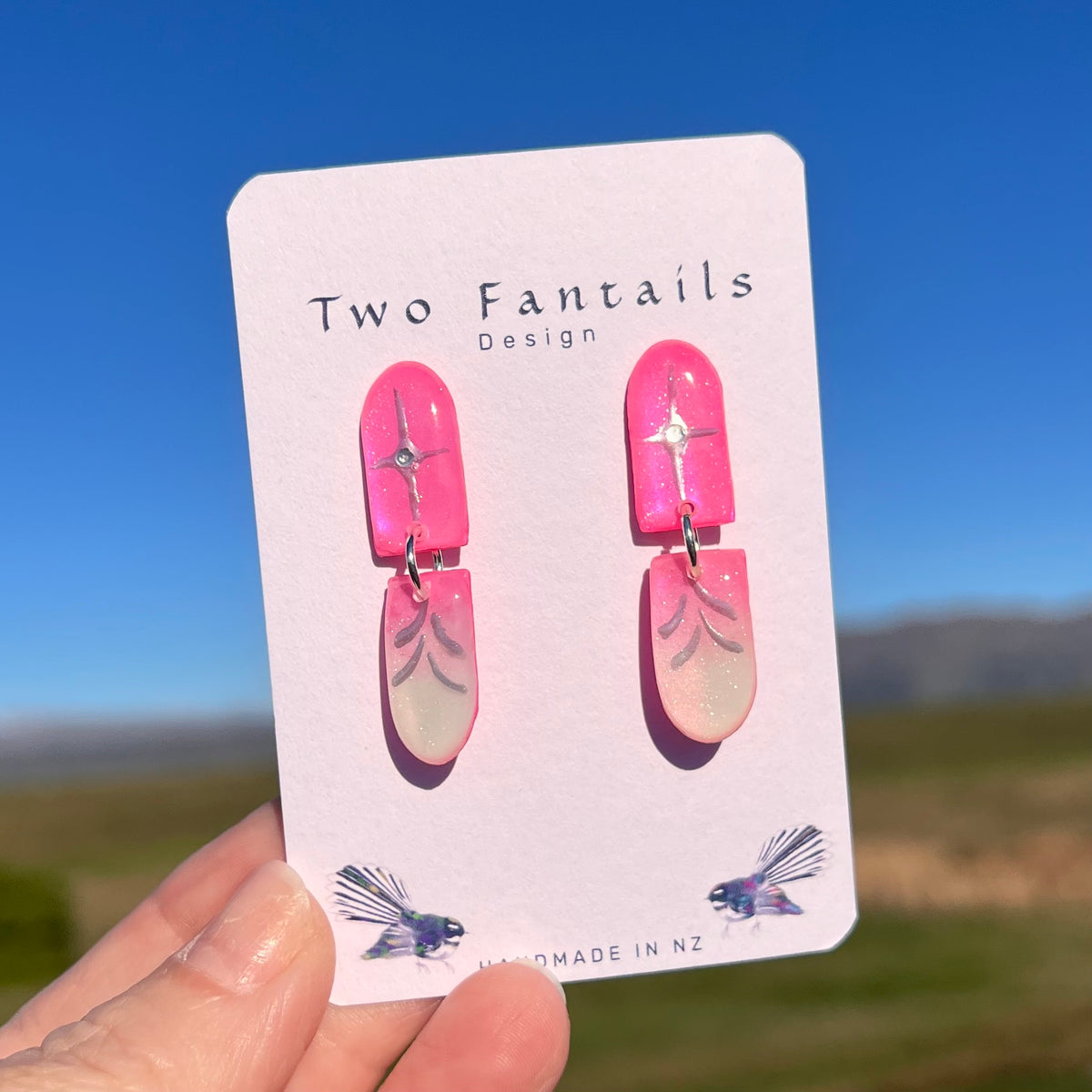 Pink Stardust – Hand-Painted Pink Sparkly Dangle Earrings