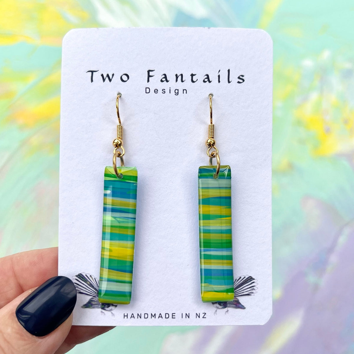 Green blue turquoise and yellow striped elongated earrings with gold-tone hooks