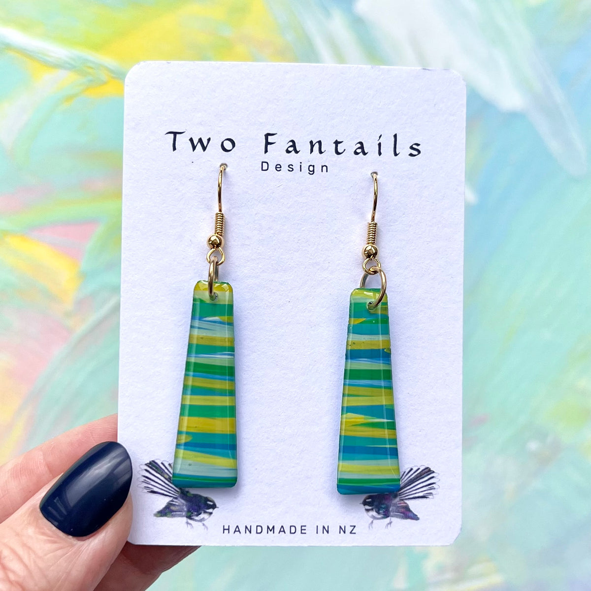 Green, blue and yellow hand-painted striped dangle earrings