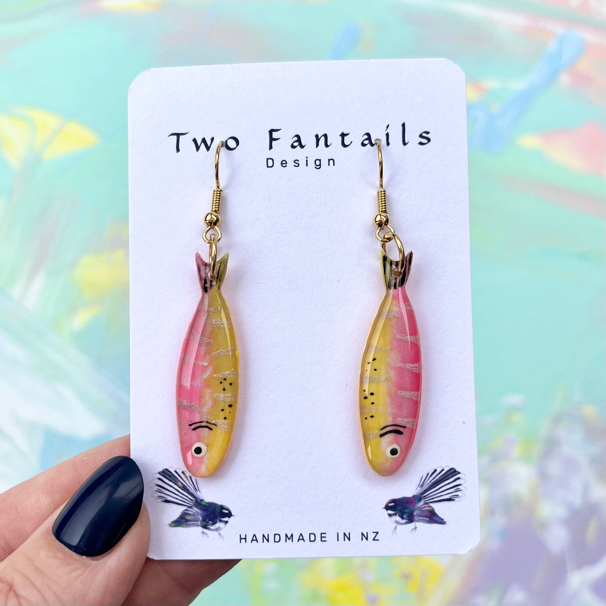 Pink and yellow hand-painted sardine fish earrings with gold-tone hooks