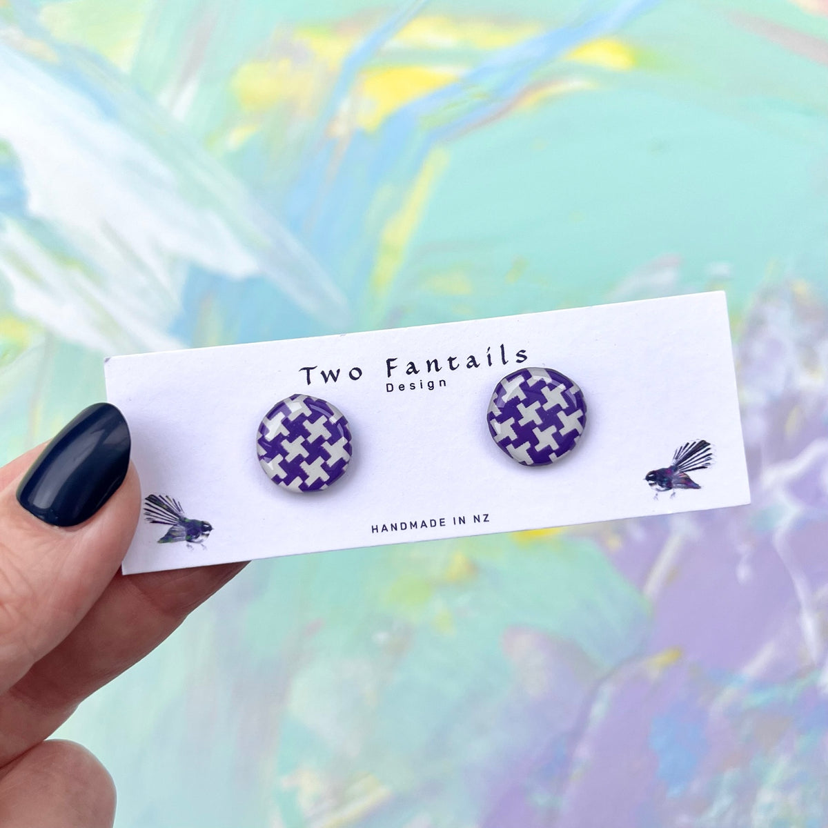 Purple and white houndstooth pattern round handmade stud earrings