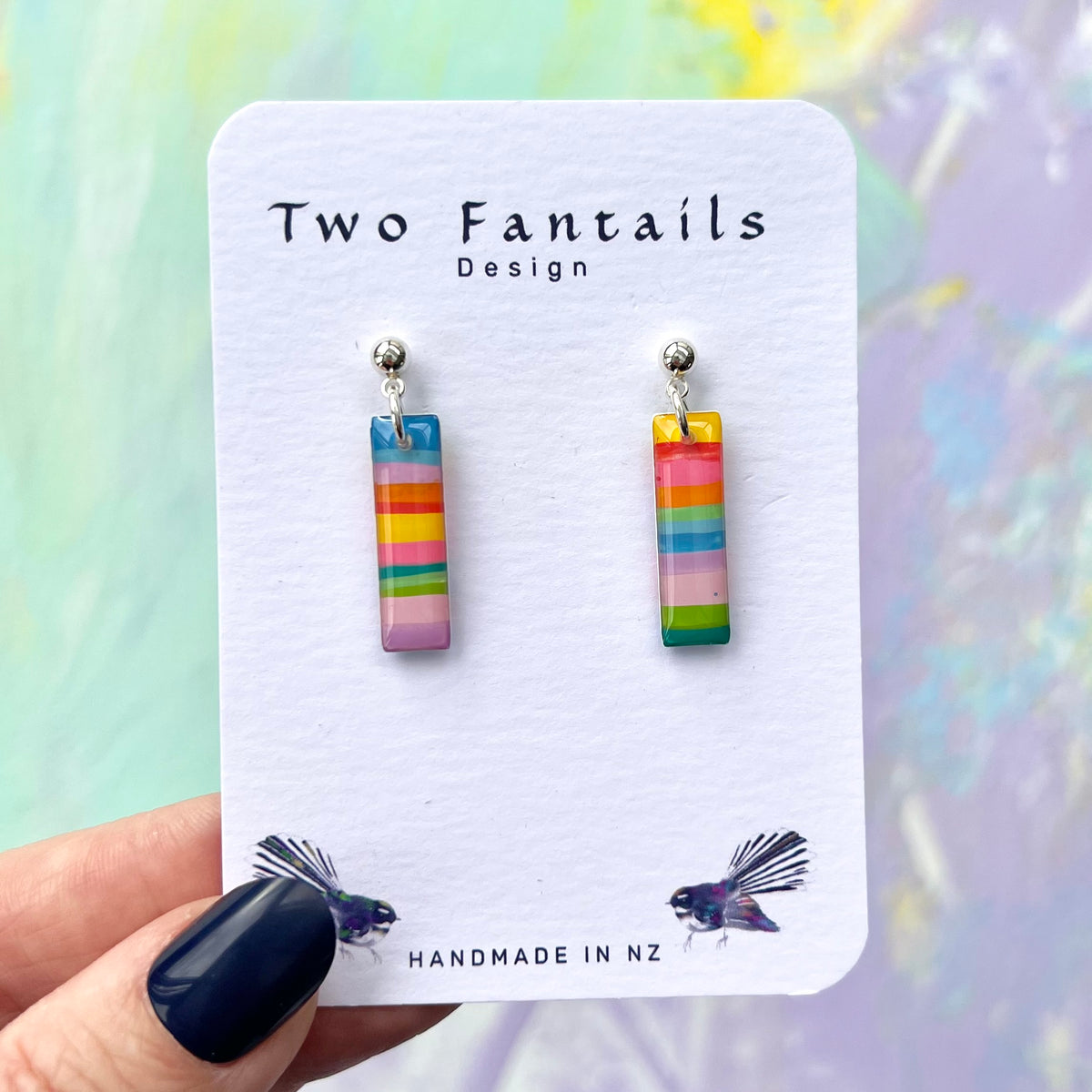 Colourful striped mini rectangular bar drop earrings with silver-tone ball studs