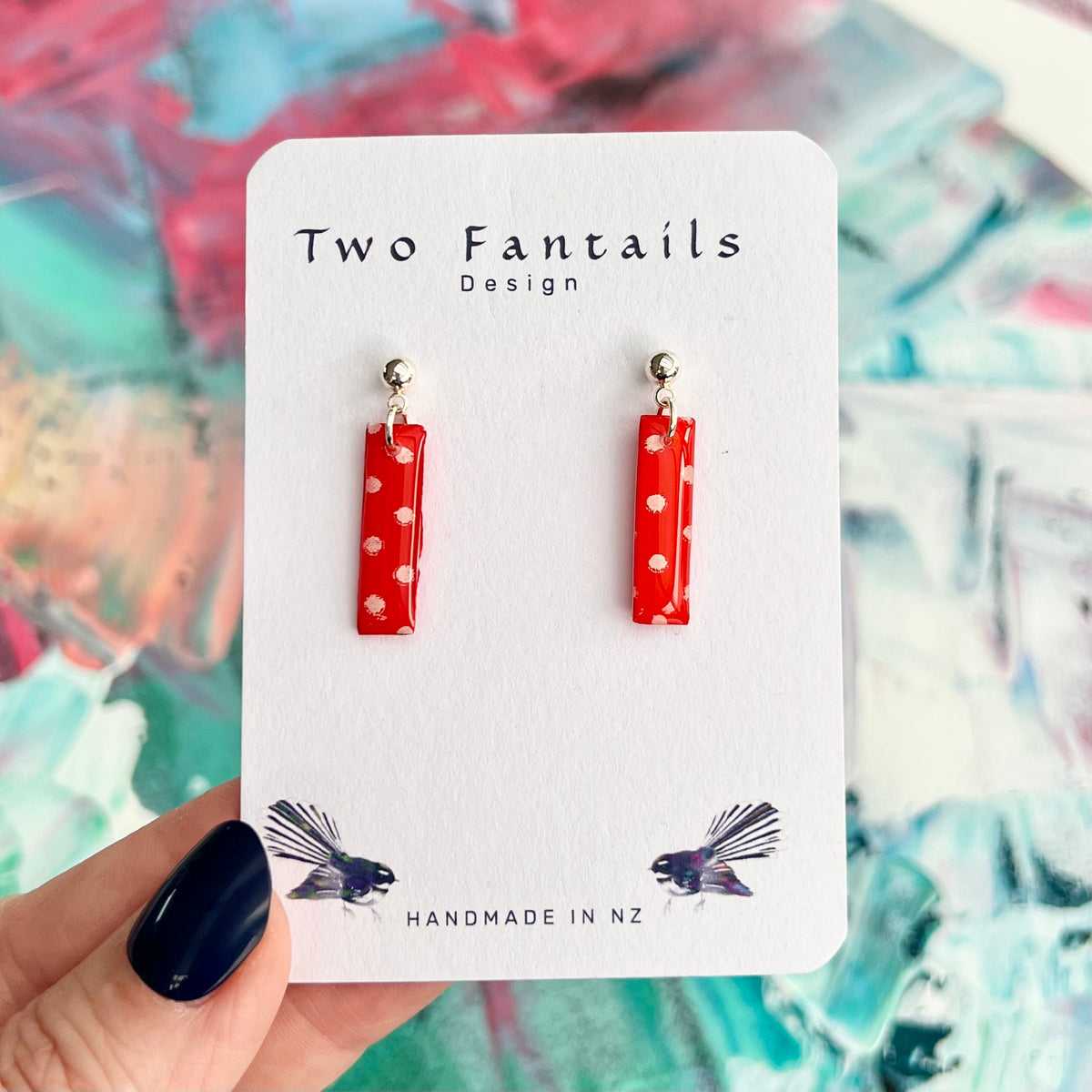 Red hand-painted polka dot slim bar dangle earrings with silver-tone ball studs