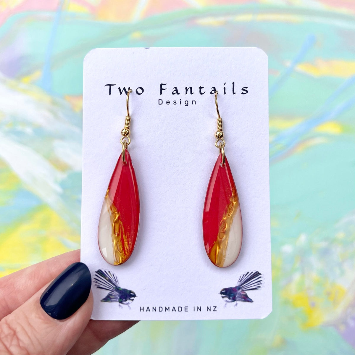 Hand-painted scarlet red, ivory and gold teardrop dangle earrings with gold hooks