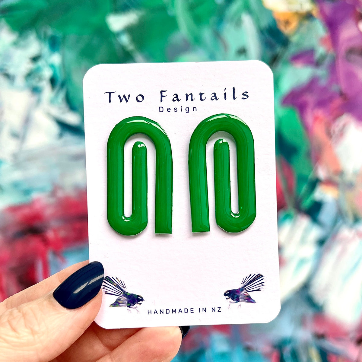 Going Green glossy emerald green squiggle statement stud earrings by Two Fantails Design