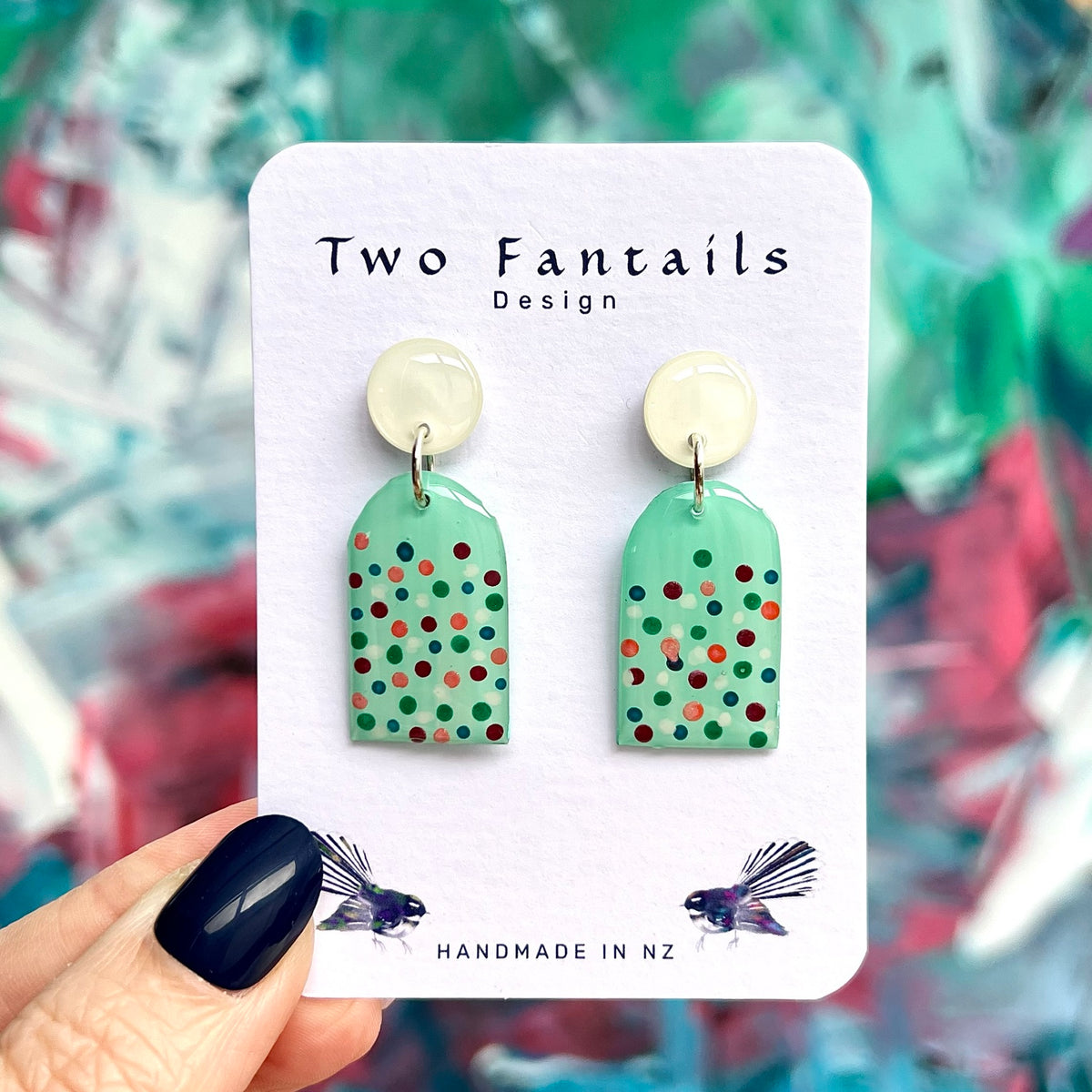 Mint to Party mint green multicoloured polka dot arch dangle earrings with cream round studs