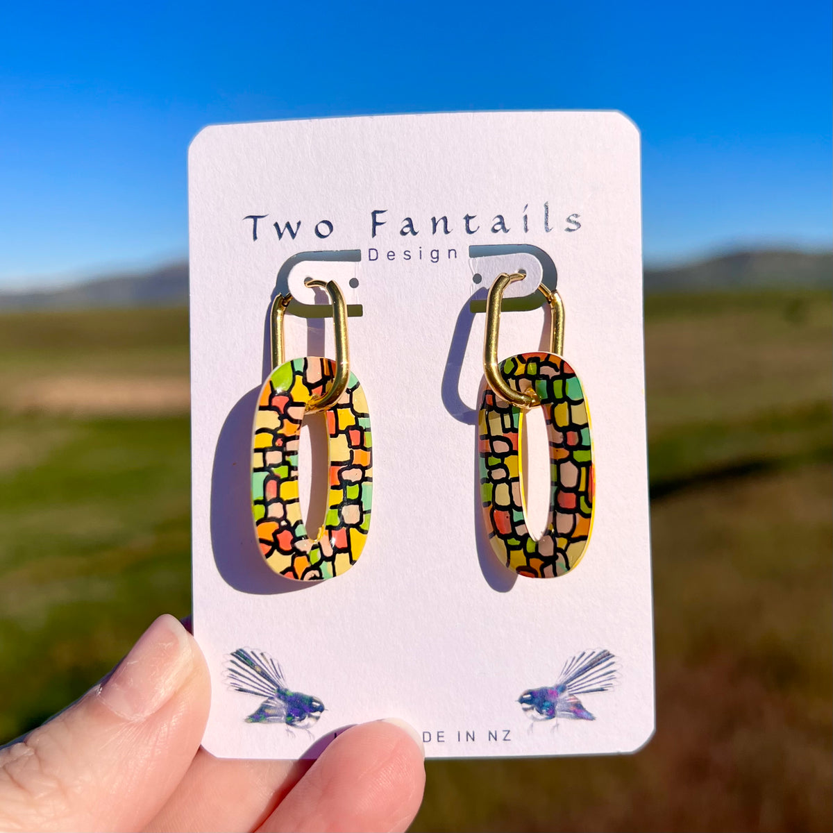 Mosaic Mischief – Hand-Painted Colourful Geometric Dangle Earrings