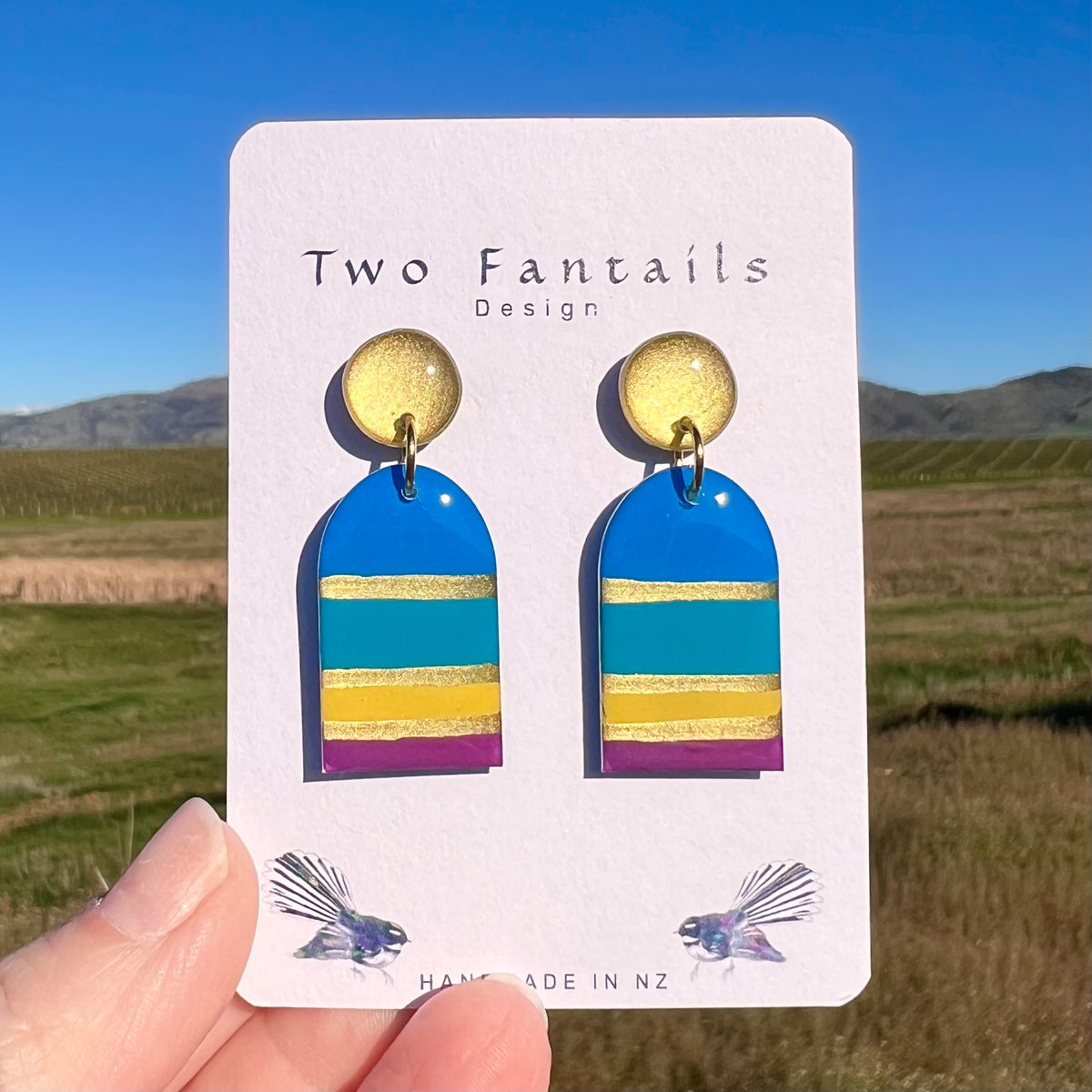 Golden Hour Getaway – Hand-Painted Colourful Arch Dangle Earrings