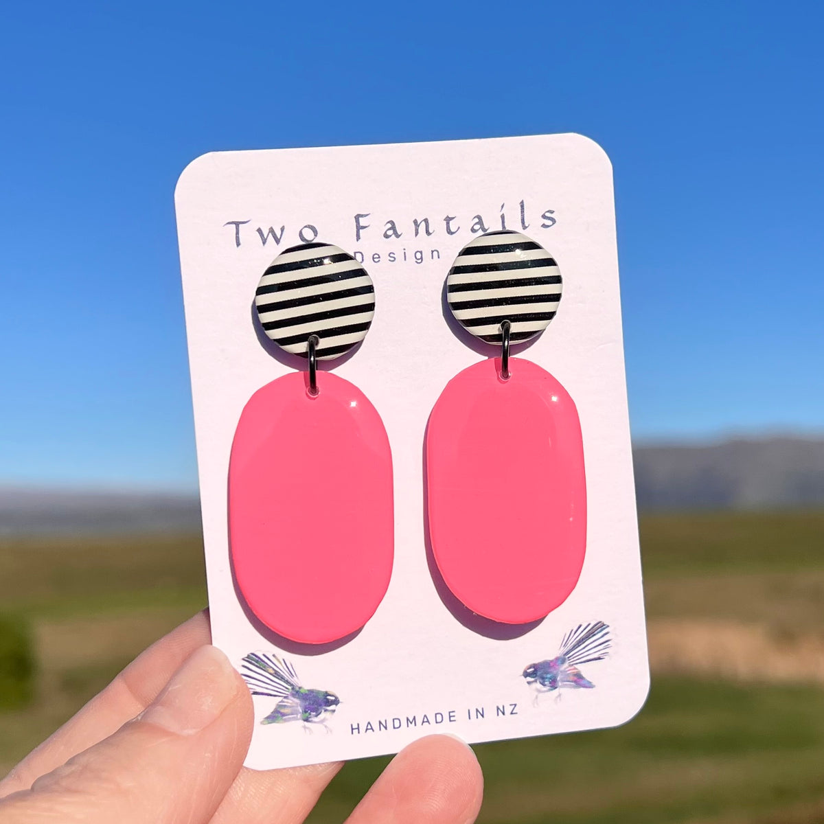 Stripe Tease – Pink & Black Striped Dangle Earrings