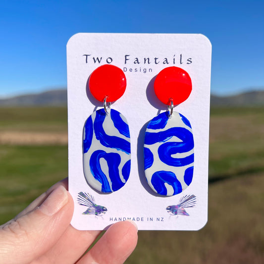 Electric Avenue – Red & Cobalt Blue Abstract Dangle Earrings