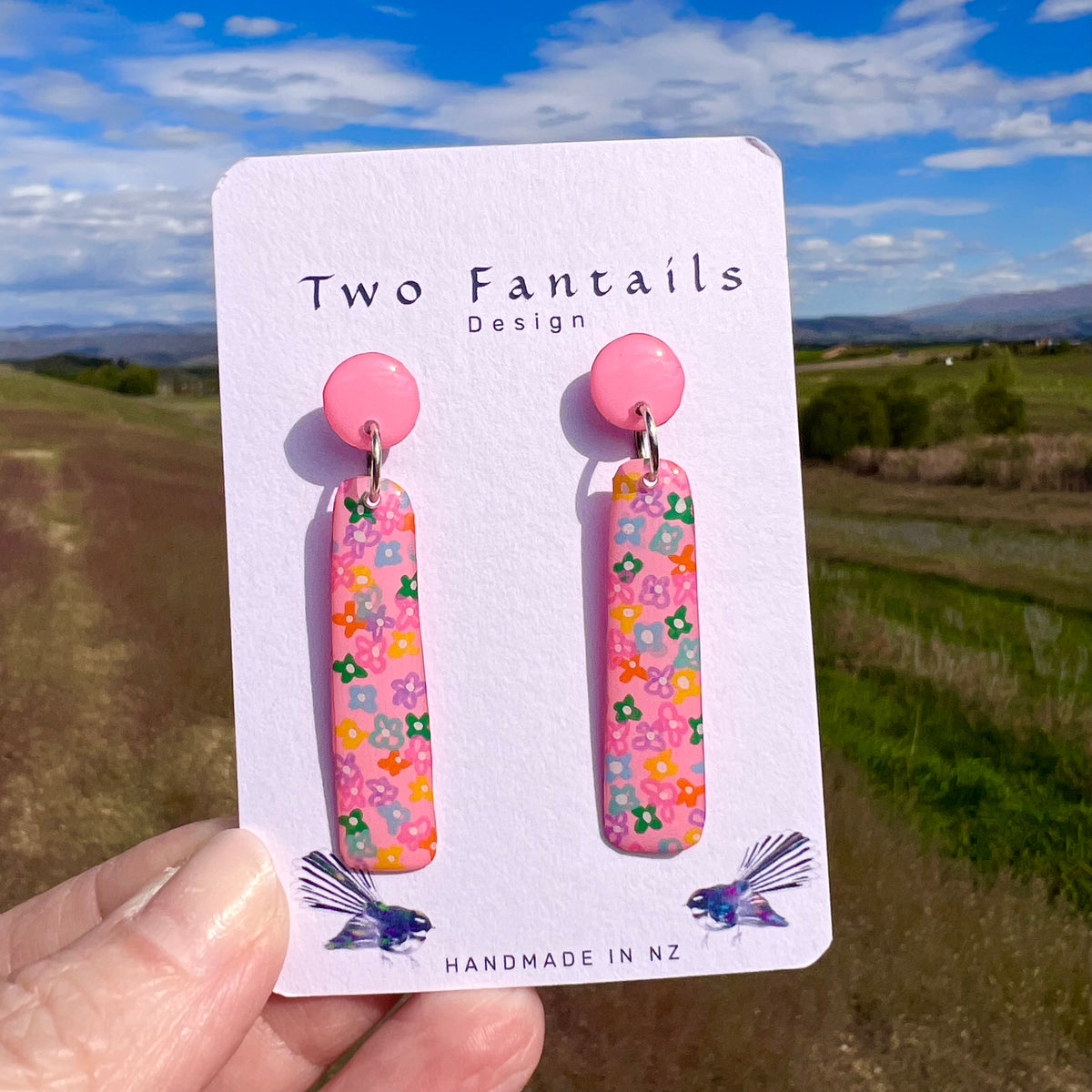 Flower Power – Pink Hand-Painted Floral Dangle Earrings