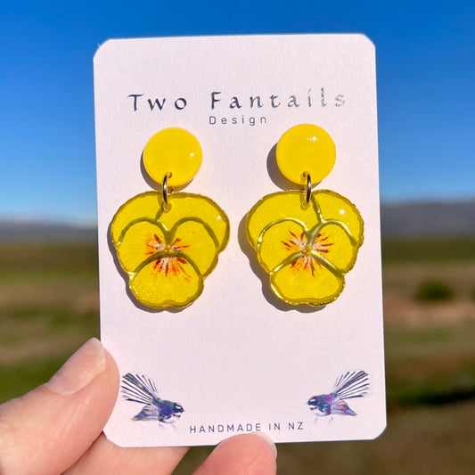 Sunshine Pansies – Hand-Painted Yellow Pansy Dangle Earrings