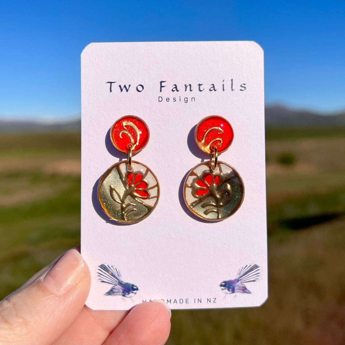 Gilded Garden – Red & Sage Green Hand-Painted Floral Dangle Earrings