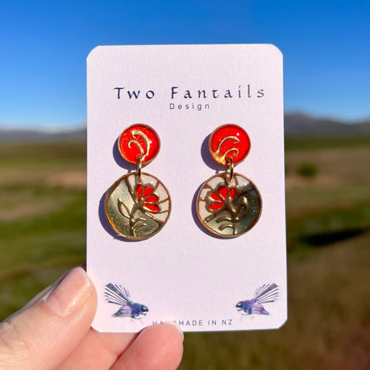 Gilded Garden – Red & Sage Green Hand-Painted Floral Dangle Earrings