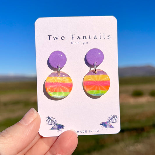 Summer Sorbet – Hand-Painted Rainbow Stripe Circle Dangle Earrings
