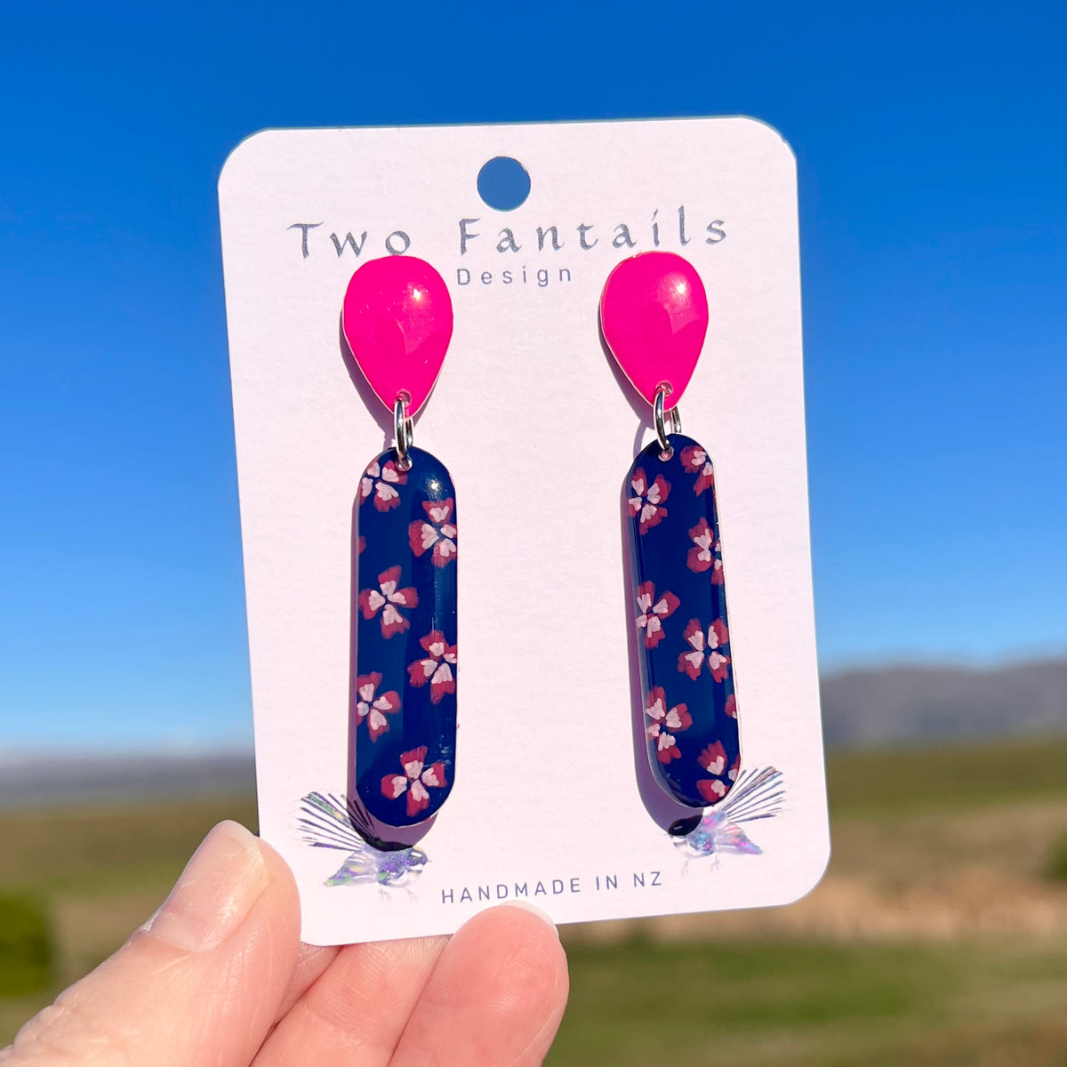 Midnight Blossom – Hand-Painted Navy & Pink Floral Dangle Earrings