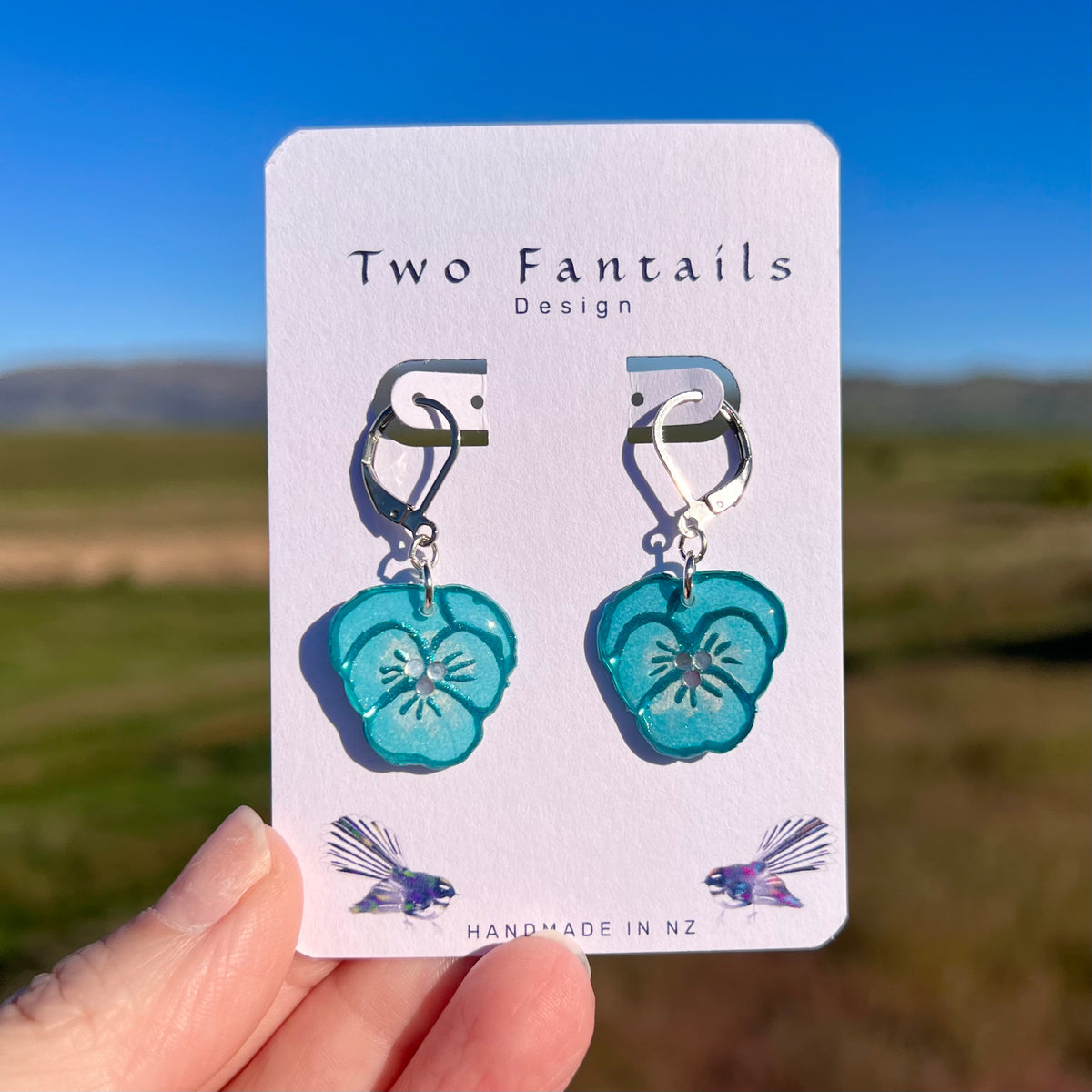 Sea Glass Pansies – Hand-Painted Aqua Pansy Earrings