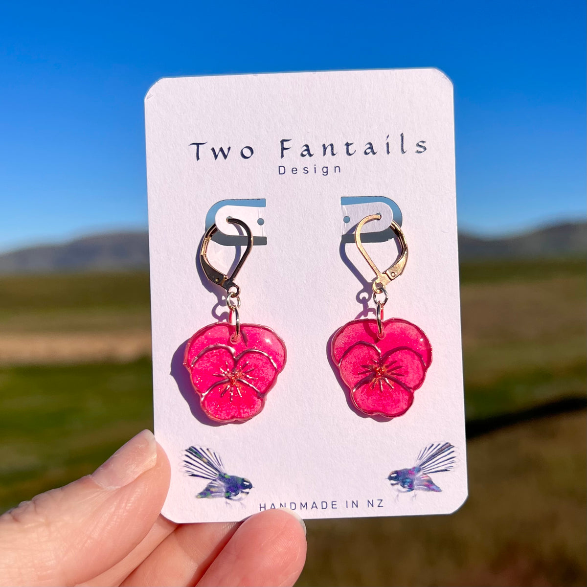 Pink Pansy Pop – Hand-Painted Pink Pansy Dangle Earrings
