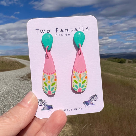 Confetti Fiesta – Hand-Painted Pink & Turquoise Dangle Earrings