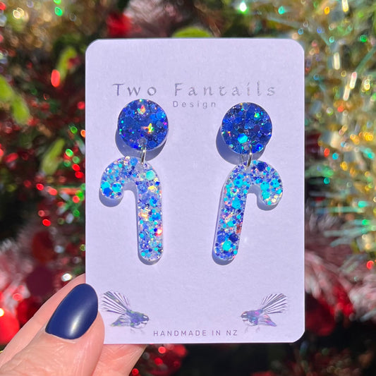 Icy blue and silver glitter candy canes with deep blue glitter round studs