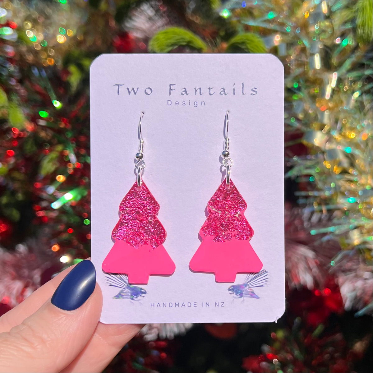 Pink Christmas tree drops with textured glitter upper branches