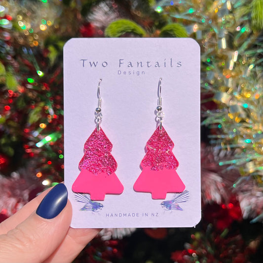 Pink Christmas tree drops with textured glitter upper branches