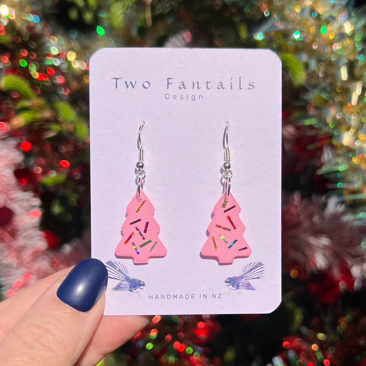 Pink Christmas tree drops with multicoloured metallic sprinkle accents