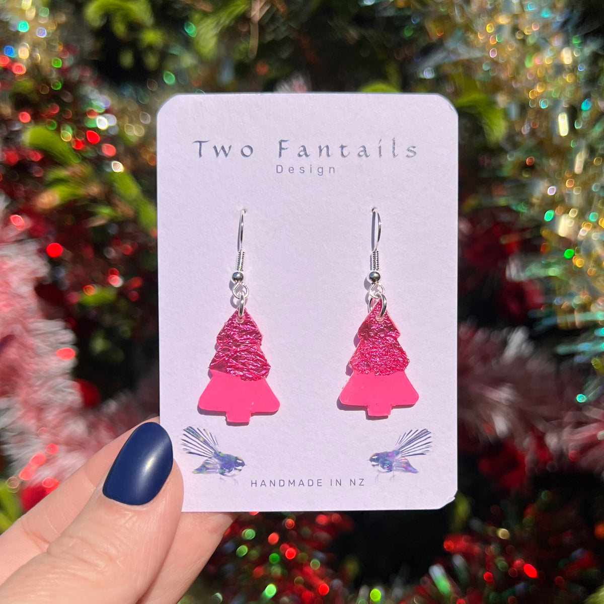 Petite pink Christmas tree drops with textured glitter upper branches