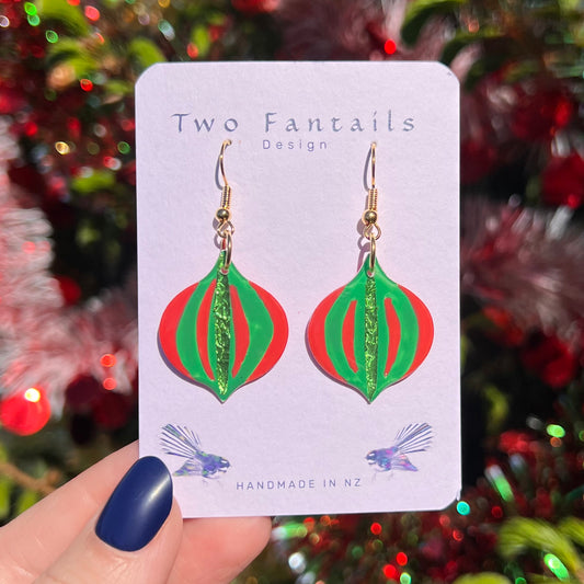Vintage-inspired red and green Christmas bauble earrings with sparkling green accents