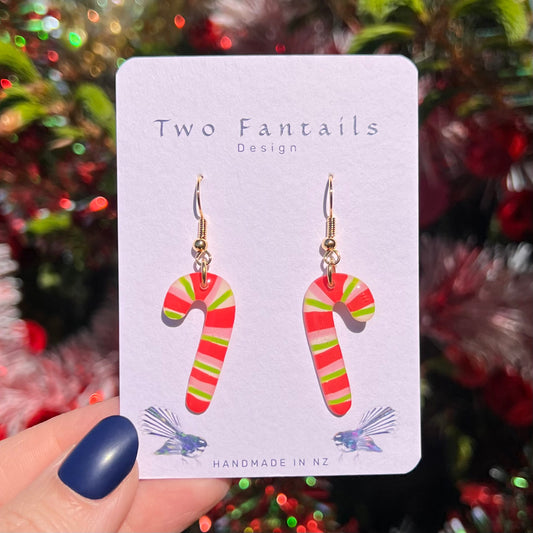 Festive red, pink and lime green striped candy cane earrings