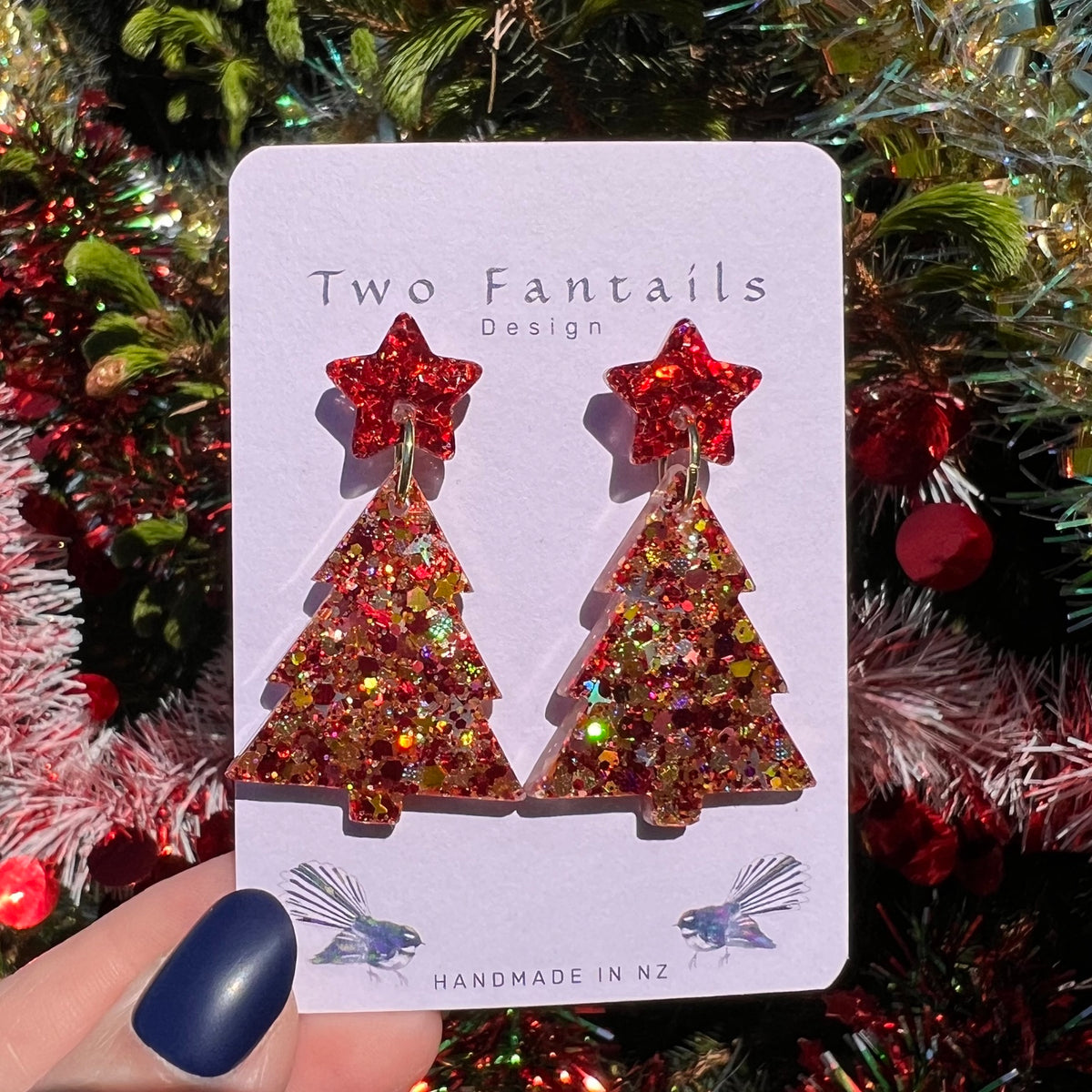 Ruby red glitter star studs and warm red gold multicolour glitter Christmas tree dangles