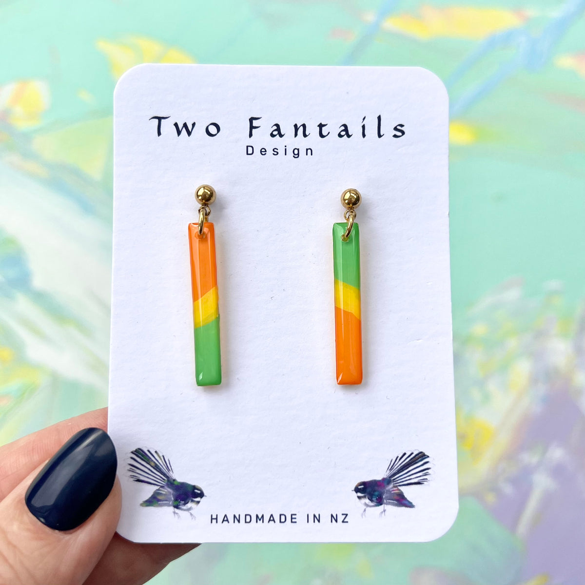 Orange green and yellow colour block mini bar drop earrings with gold-tone stud findings