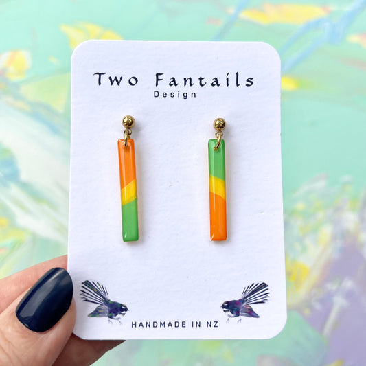 Orange green and yellow colour block mini bar drop earrings with gold-tone stud findings