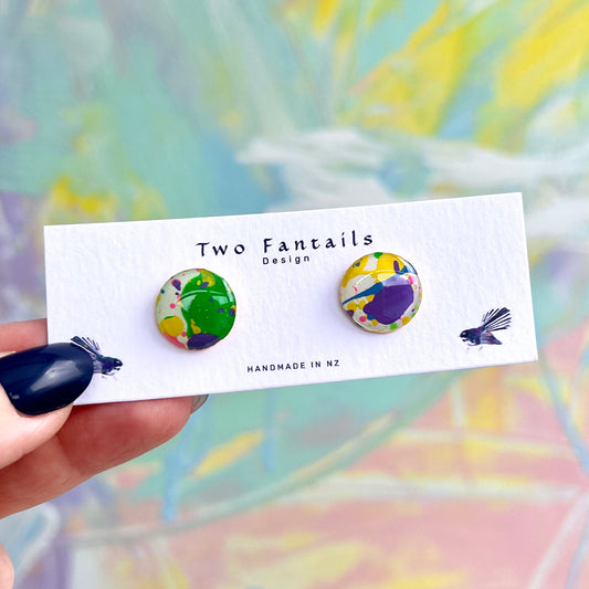 Colourful hand-painted round statement studs with green yellow purple and pink abstract splashes