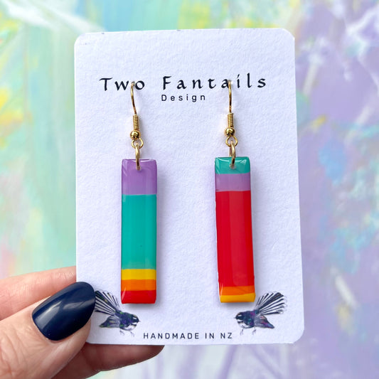 Colourful mismatched rectangular bar earrings with gold-tone hooks