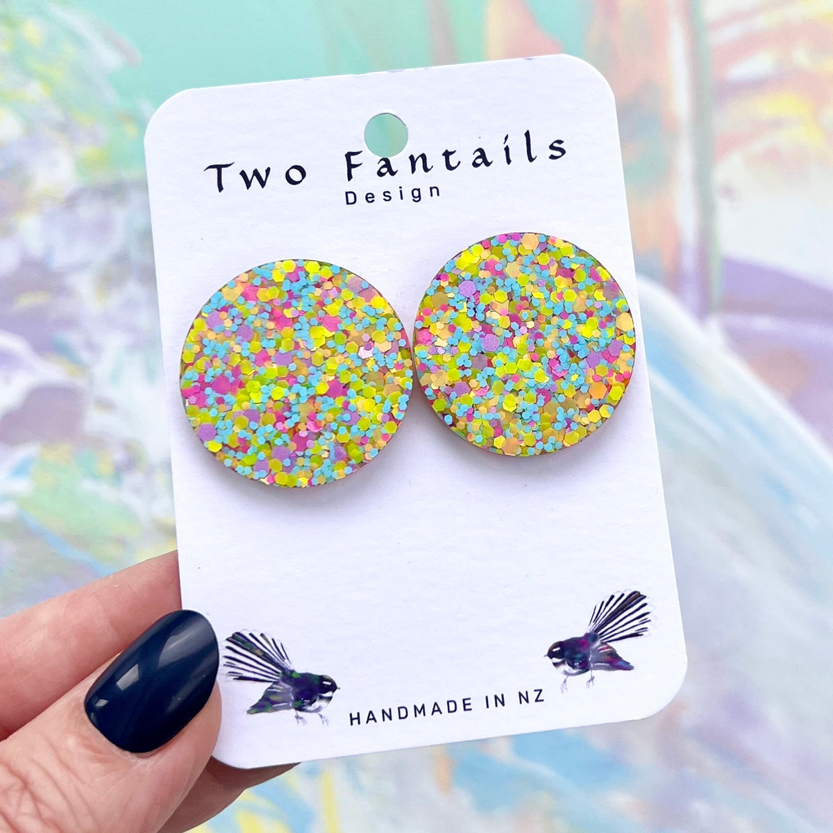 Large round pastel multicolour confetti glitter stud earrings