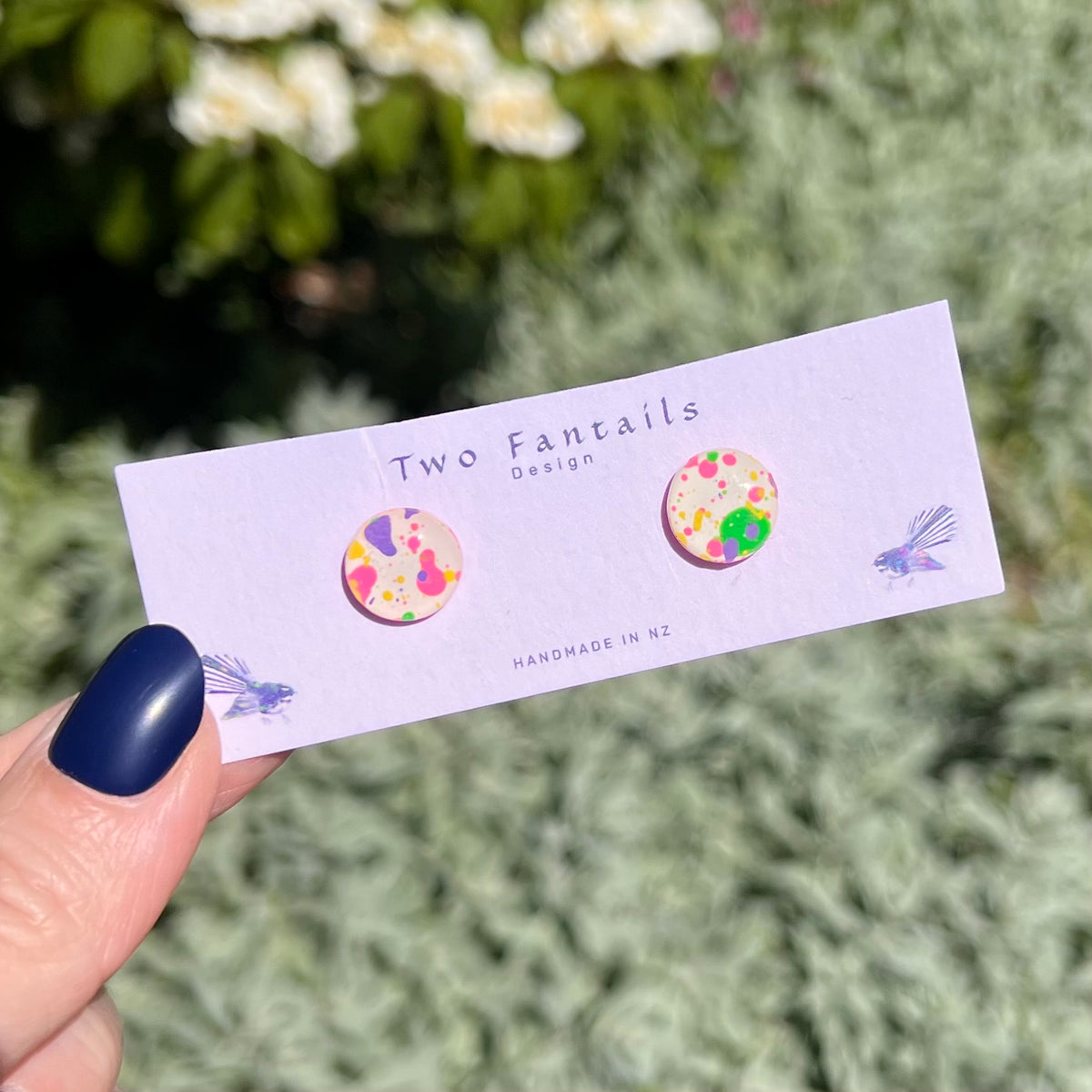 Colourful hand-painted confetti round stud earrings by Two Fantails Design