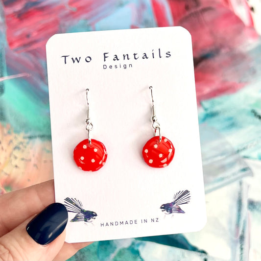 Red round white polka dot handmade drop earrings with silver-tone hooks