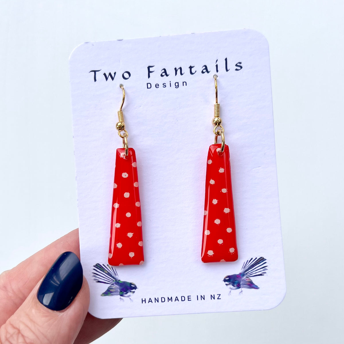 Dotty About Red cherry red white polka dot tapered drop earrings with gold-tone hooks