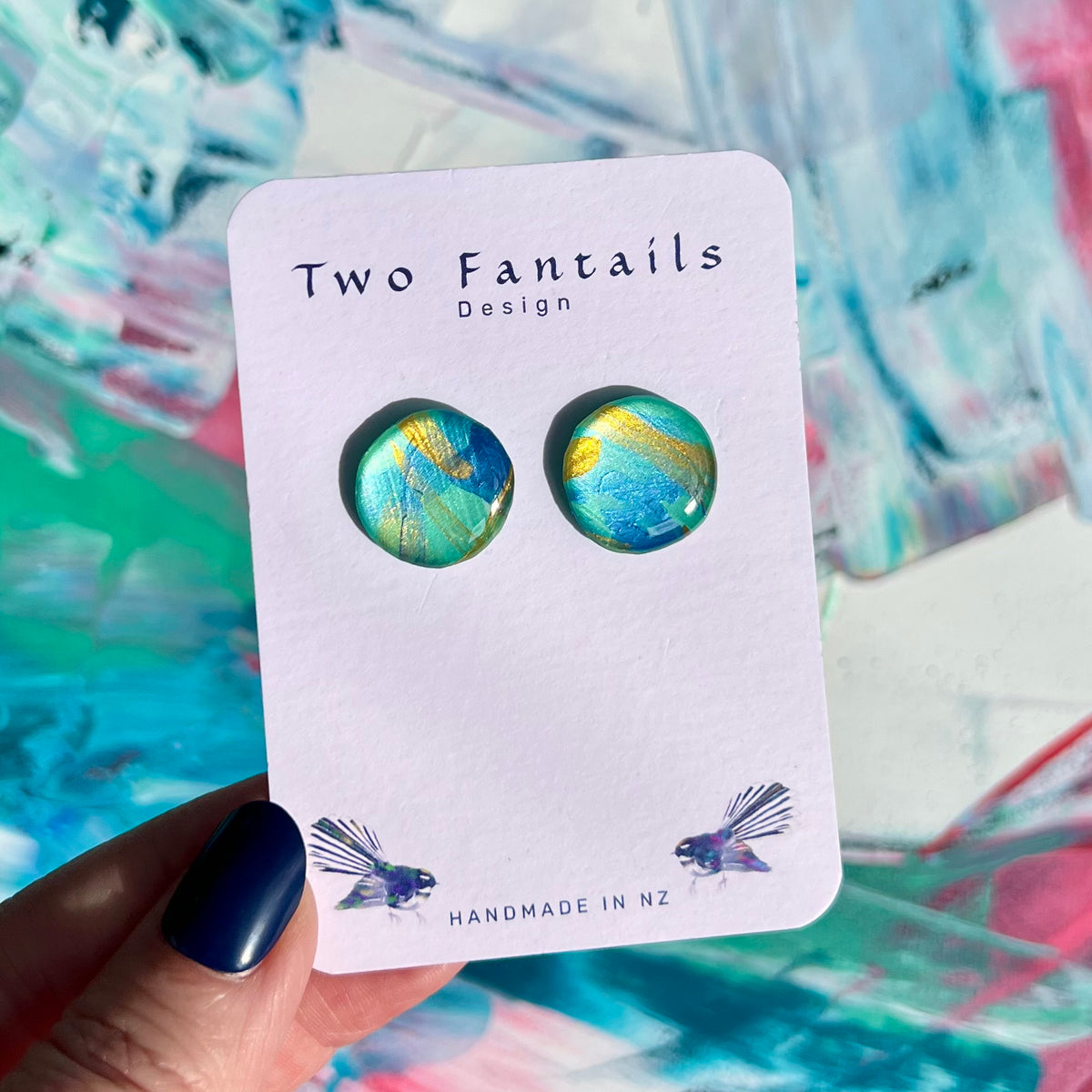 Round turquoise blue and metallic gold handpainted resin-sealed stud earrings