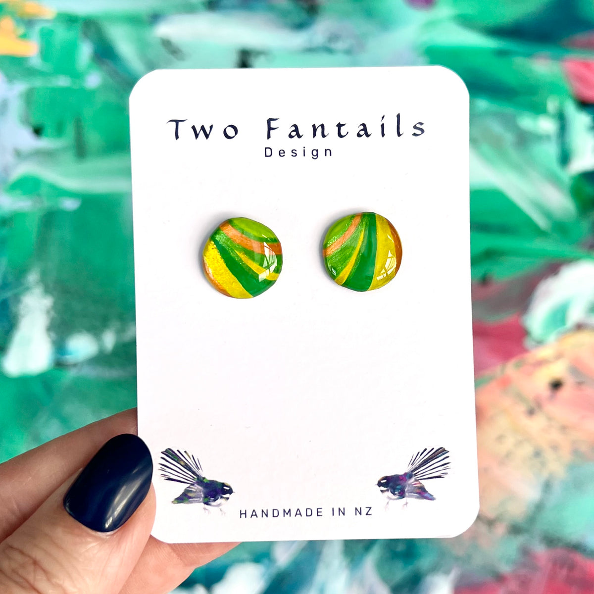 Green yellow and copper handpainted round swirl stud earrings