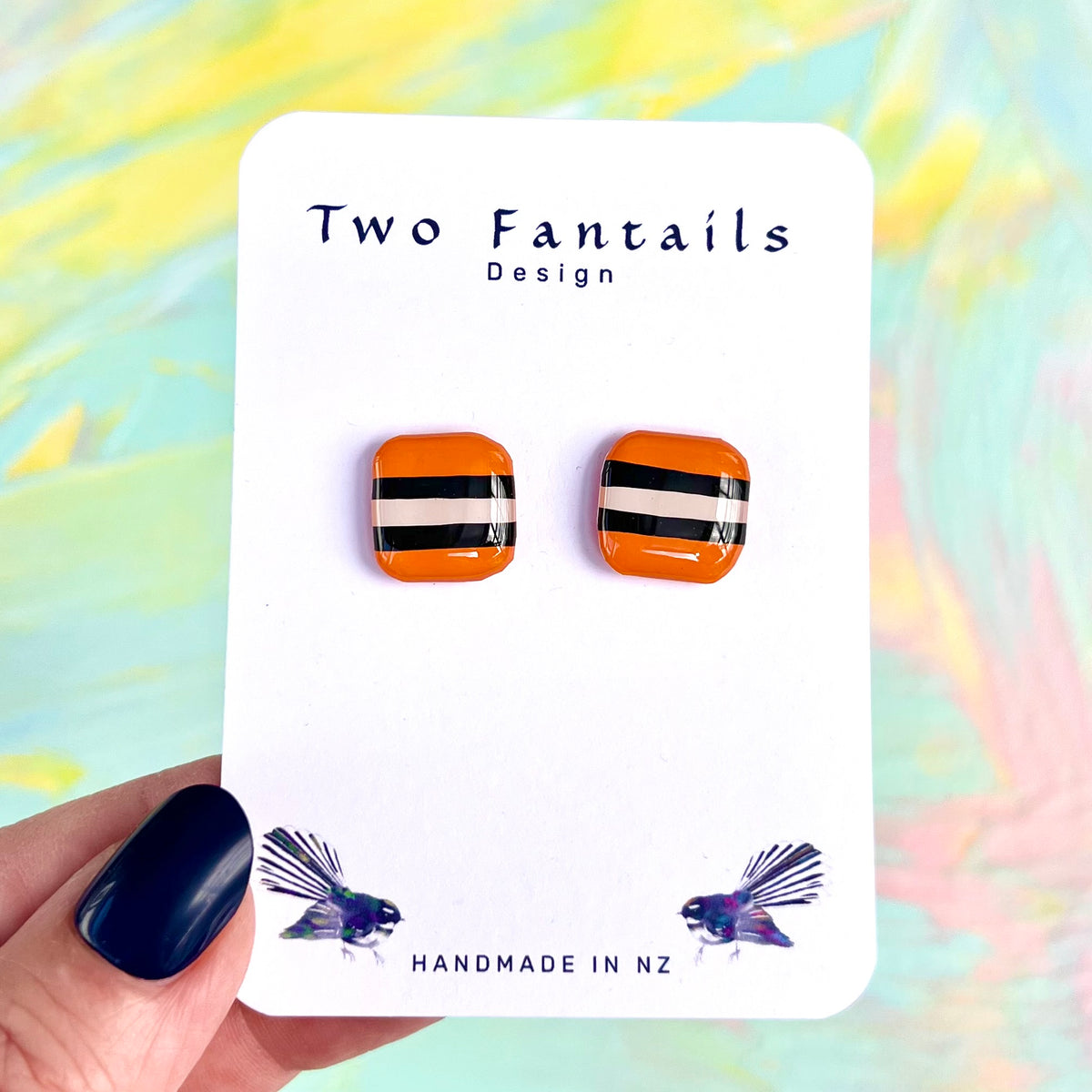 Orange Licorice Allsort striped square stud earrings