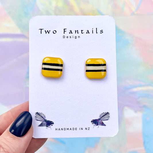 Licorice Allsort Yellow square stud earrings with black and cream stripes