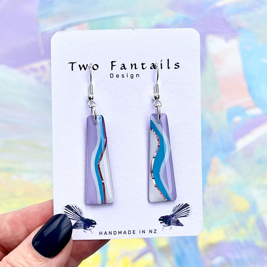 Lilac tapered dangle earrings with blue, white and rose-gold wavy stripes