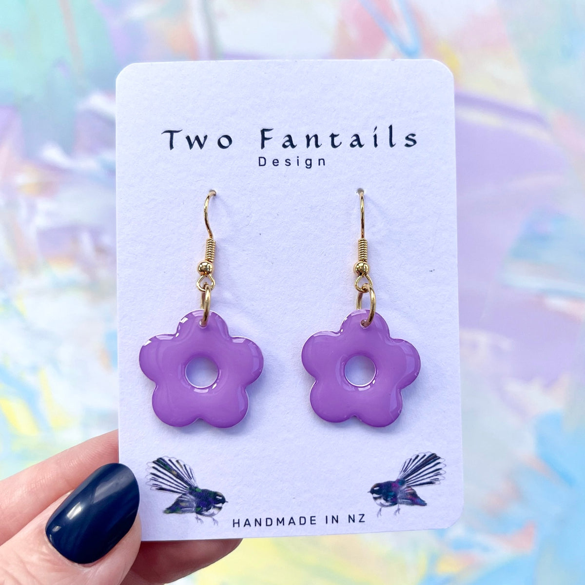 Lilac purple flower dangle earrings with gold-coloured hooks
