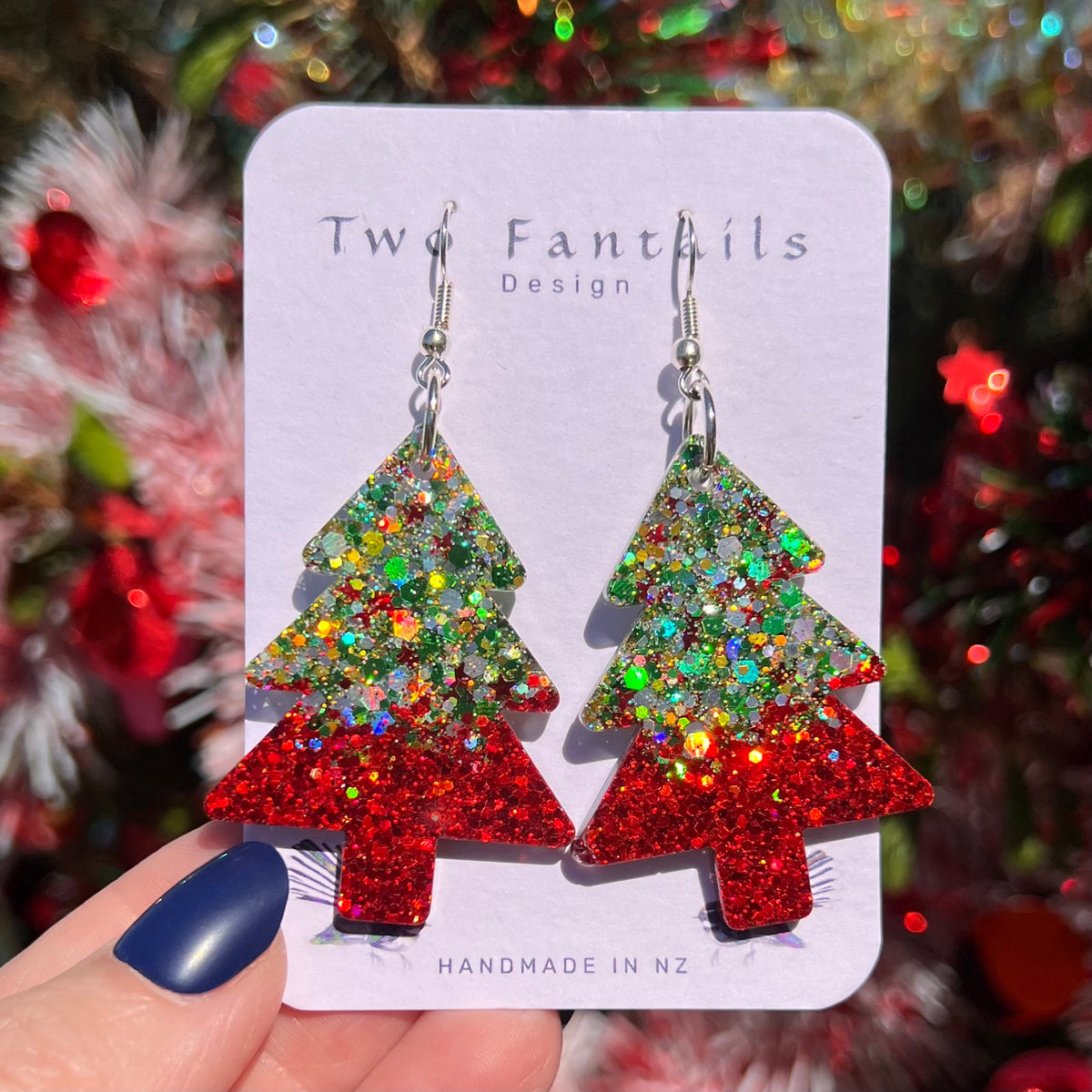 Mega Merry – Red & Green Glitter Christmas Trees handmade oversized Christmas tree earrings