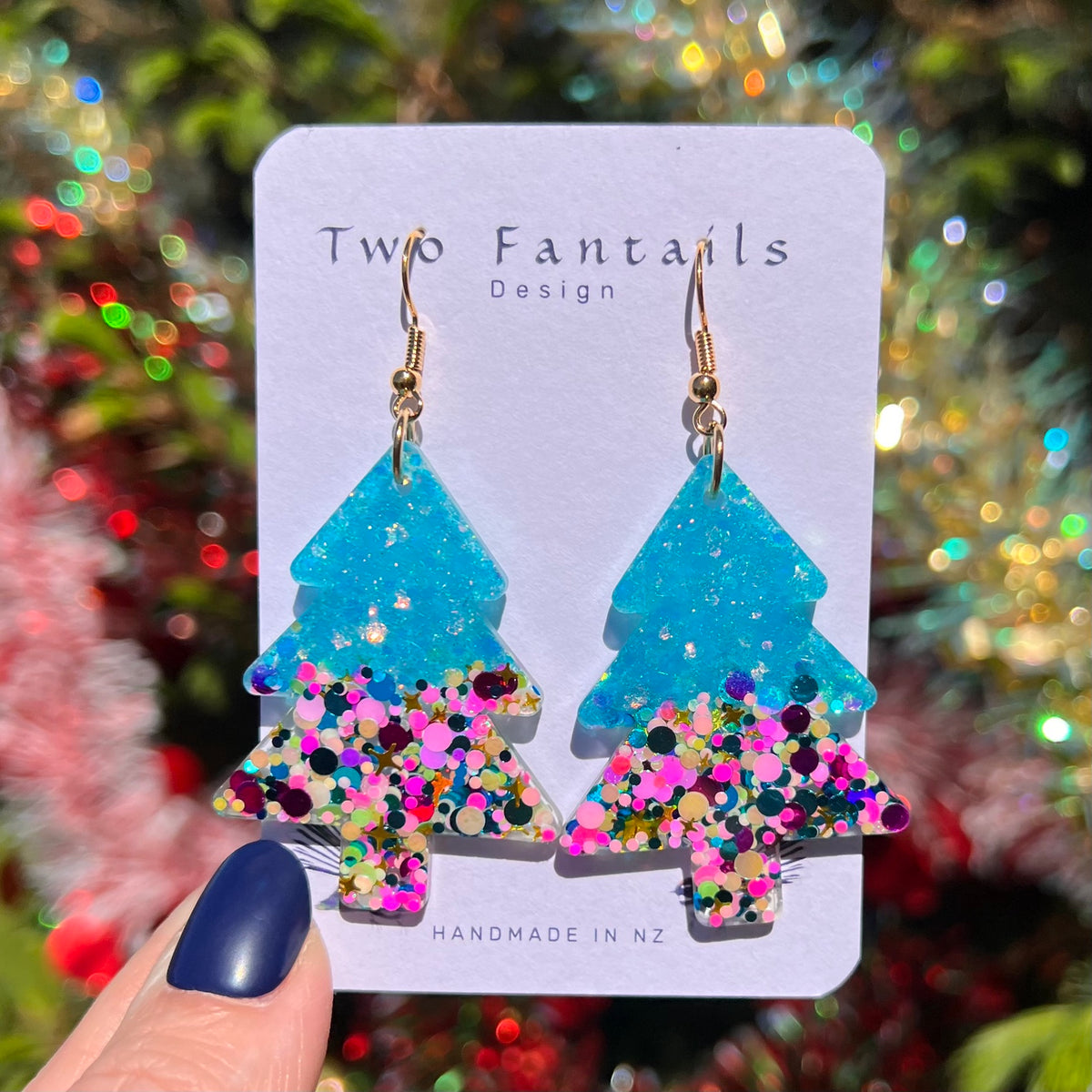 Mega Confetti – Turquoise Christmas Trees handmade oversized Christmas tree earrings