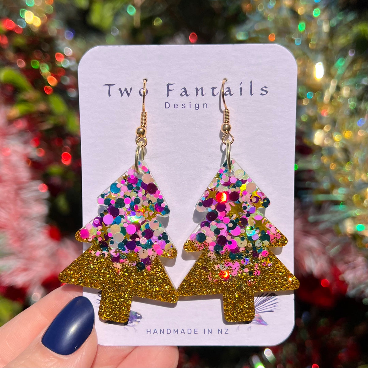 Mega Golden – Gold Glitter Christmas Trees handmade oversized Christmas tree earrings